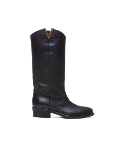 Via Roma 15 Texan Ankle Boot With Gold V Detail In G30 Nero