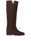 Via Roma 15 Tall Leather Boots With V-shaped Metallic Accent In Brown