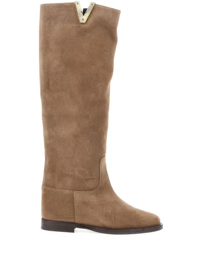 Via Roma 15 V-plaque Suede Knee-high Boots In Neutral