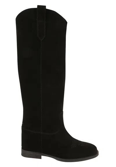 Via Roma 15 Velour Tall Suede Internal Wedge Embroidered Boots In Black