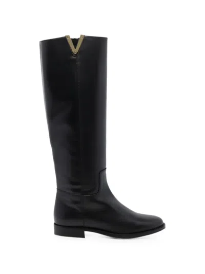 Via Roma 15 V-logo Leather Knee-high Boots In Black
