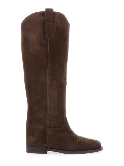 Via Roma 15 Western Style Pointed-toe Suede Boots With Stitching Detail In Brown