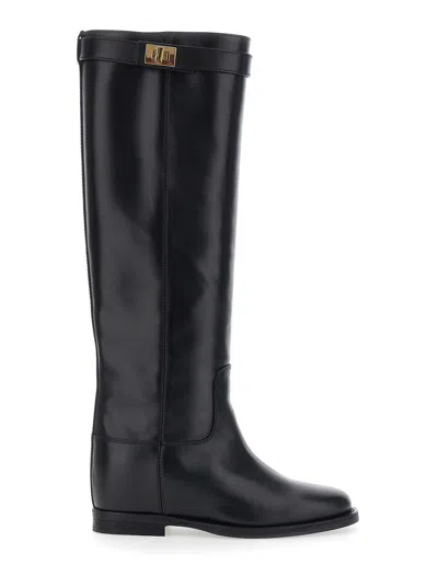 Via Roma 15 Women's Smooth Leather Boot With Strap & Decorative Lock, Round Toe, 3 Cm Heel In Black