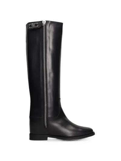 Via Roma 15 Zip-fastening Buckle-detail Knee-high Boots In Black