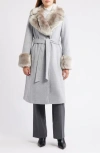 Via Spiga Belted Faux Fur Trim Coat In Gray