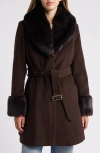Via Spiga Belted Wool Blend Coat With Faux Fur Trim In Chocolate