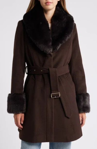 Via Spiga Belted Wool Blend Coat With Faux Fur Trim In Chocolate