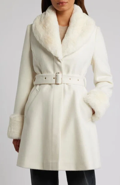 Via Spiga Belted Wool Blend Coat With Faux Fur Trim In Winter White