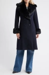 Via Spiga Double Breasted Wool Blend Coat With Faux Fur Trim In Blue