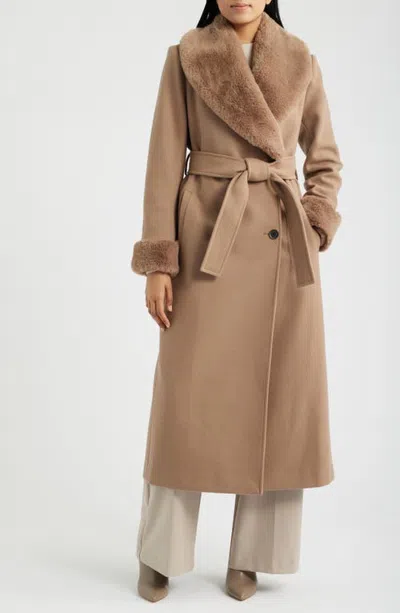 Via Spiga Faux Fur Trim Belted Coat In Latte