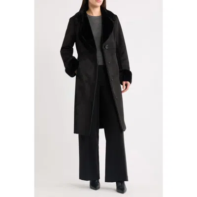 Via Spiga Faux Fur Trim Faux Shearling Maxi Coat In Black