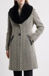 Via Spiga Herringbone Coat With Faux Fur Collar In Jumbo Herringbone