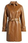 Via Spiga Tie Belt Snap Front Faux Leather Jacket In Cognac
