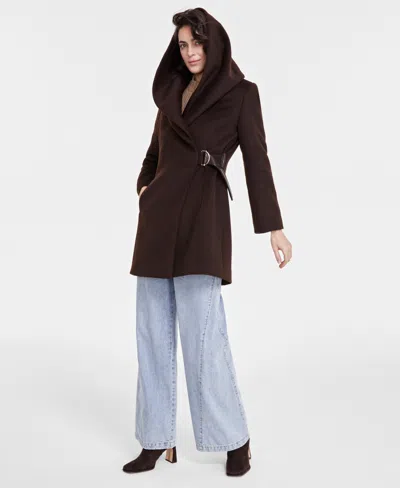 Via Spiga Women's Belted Hooded Shawl Wrap Coat In Chocolate
