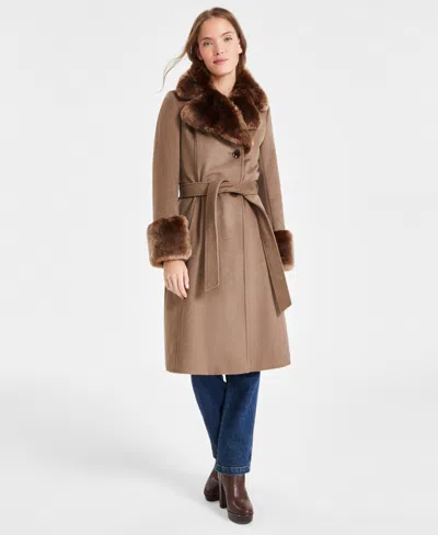 Via Spiga Women's Faux-fur-trim Belted Wrap Coat In Truffle
