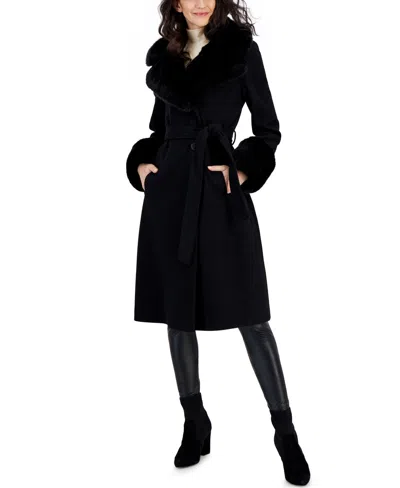 Via Spiga Women's Faux-fur-trim Belted Wrap Coat In Black