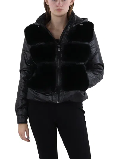 Via Spiga Womens Faux Fur Cold Weather Puffer Jacket In Black