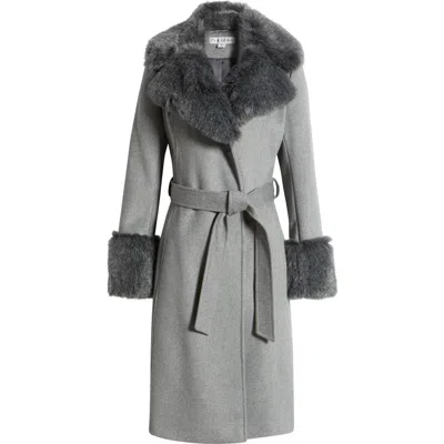 Via Spiga Wool Blend Belted Coat With Faux Fur Trim In Charcoal
