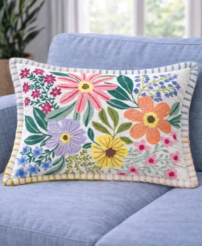 Vibhsa Backyard Garden Floral Embroidered Decorative Lumbar Pillow, 14" X 20" In Multi