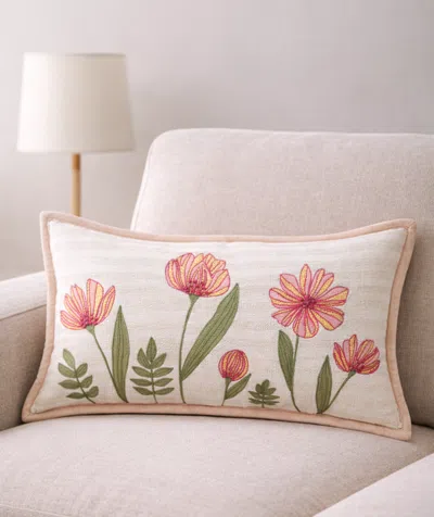 Vibhsa Poppy Garden Spring Embroidered Decorative Lumbar Pillow, 14" X 24" In White