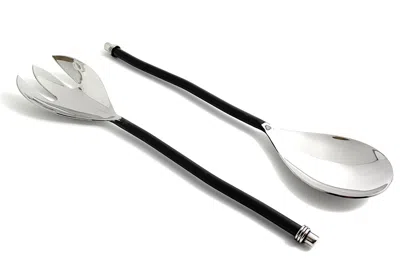Vibhsa Salad Serving Set Of 2 (twisted Handle, Silver Finish) In Black