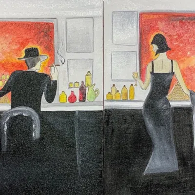 Vibhsa Set Of Lady / Gentleman In Bar Original Oil Color Painting In Multi