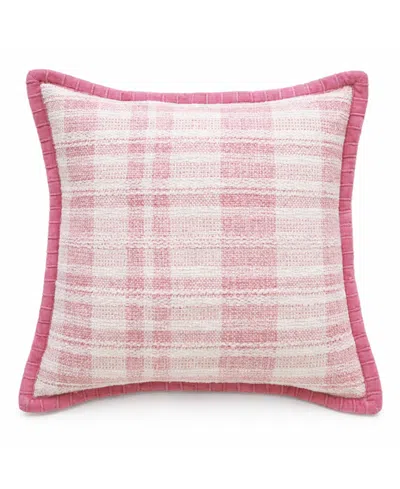 Vibhsa Soft Plaid Blue Textured Velvet Flange Decorative Pillow, 20" X 20" In Pink