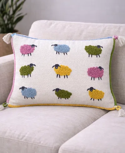 Vibhsa Whimsical Sheep Embroidered Decorative Lumbar Pillow, 14" X 20" In White