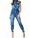 Vibrant M.i.u Cargo Cool Denim Jumpsuit In Medium Stone In Blue