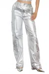 Vibrant M.i.u Foil Printed Cargo Pants In Silver