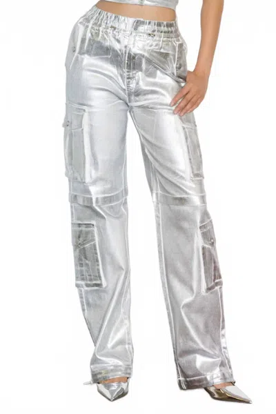 Vibrant M.i.u Foil Printed Cargo Pants In Silver