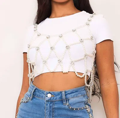 Vibrant M.i.u Pearl Jewel Overlay Top In White