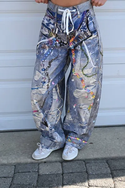 Vibrant M.i.u Piper Printed Barrel Jeans In Medium Stone In Blue