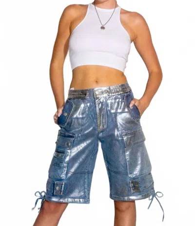 Vibrant M.i.u Rosie Metalic Denim Cargo Shorts In Silver In Blue