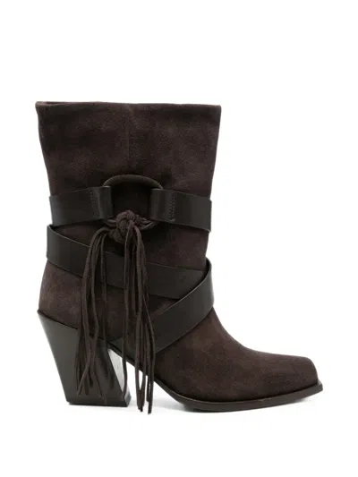 Vic Matie Fringe-detail Strap-embellished Boots In Brown