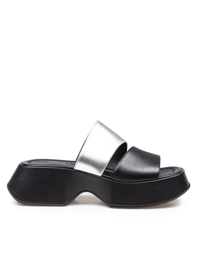 Vic Matie Mini Yoko Sandal In Black And Silver Leather In Beige