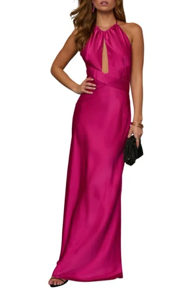 Vici Collection Adelynn Halter Neck Satin Gown In Magenta