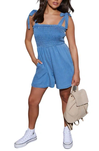 Vici Collection Boardwalk Dates Smocked Chambray Romper In Blue