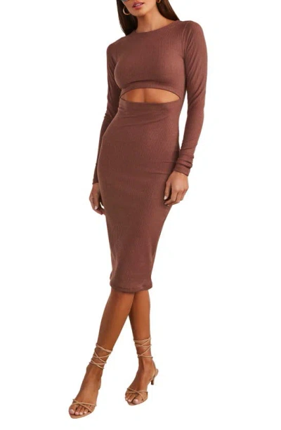 Vici Collection Body Language Cutout Waist Long Sleeve Rib Dress In Brown