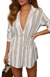 Vici Collection Charlie Stripe Waist Tie Romper In White