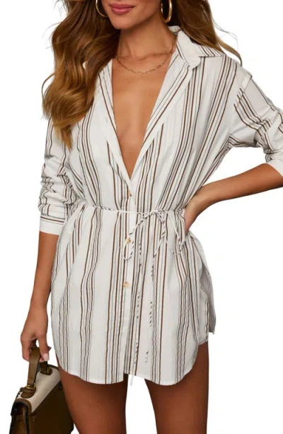 Vici Collection Charlie Stripe Waist Tie Romper In Cream