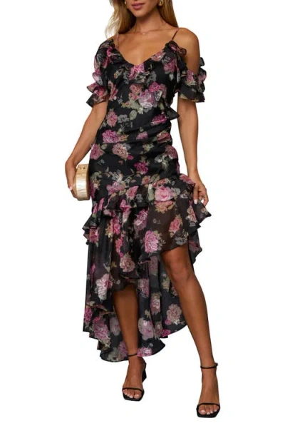 Vici Collection Chelsea Floral Print Off The Shoulder Ruffle Dress In Black Multi