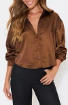 Vici Collection Chestnut Satin Button-up Shirt In Brown