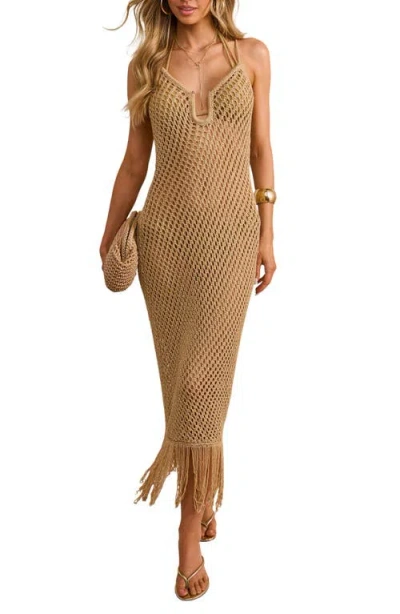 Vici Collection Dusk Glow Crochet Fringe Cover-up Dress In Gold