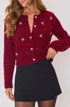 Vici Collection Escape Embellished Bouclé Cardigan In Burgundy