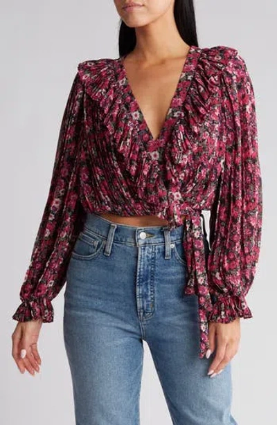 Vici Collection Evangeline Floral Pleated Wrap Top In Black/pink Floral