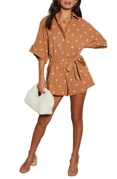 Vici Collection Fallon Tie Belt Seersucker Romper In Camel