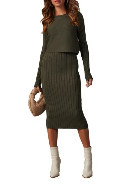 Vici Collection Full Of Surprises Long Sleeve Rib Dress In Green
