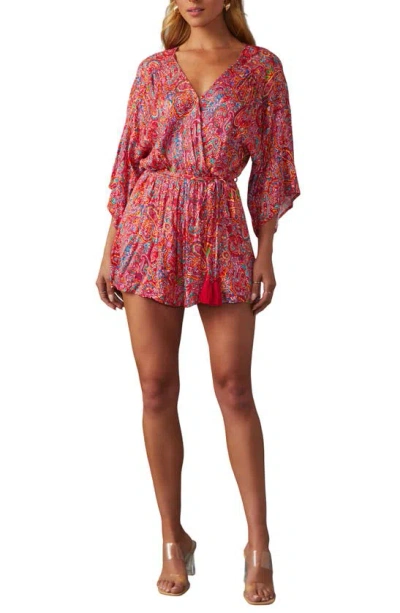 Vici Collection Halona Print Tie Waist Romper In Ruby