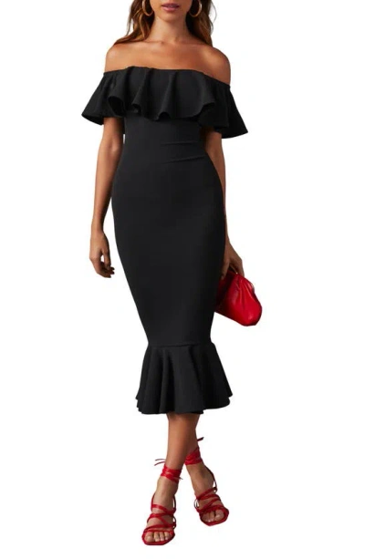 Vici Collection Havana Double Ruffle Off The Shoulder Midi Dress In Black